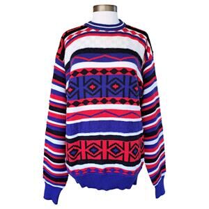 Vintage 90s Ossi Skiwear Sweater Chunky Mixed Knit Red White Blue